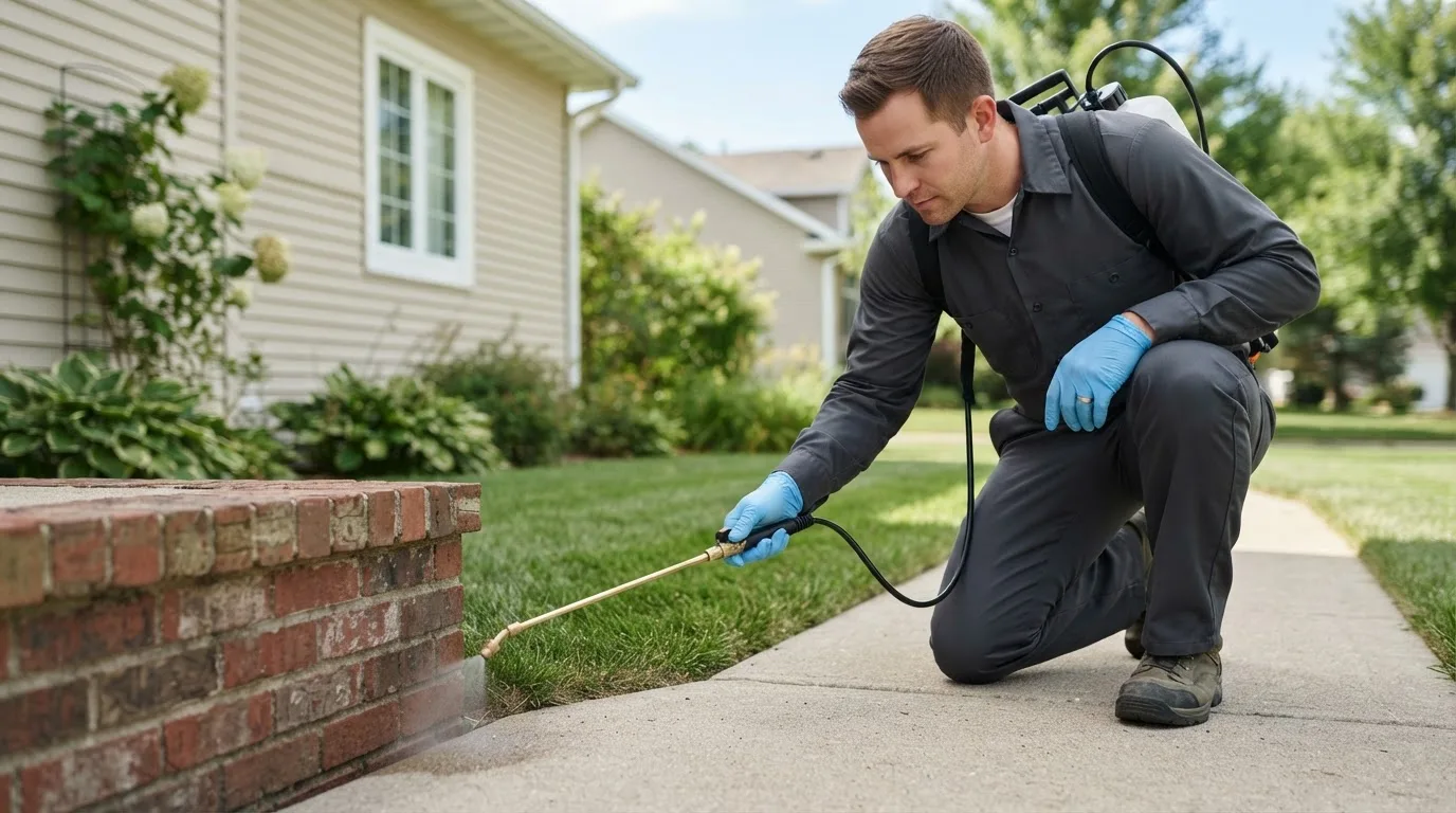 Pest control technician treating a home near Minersville, UT